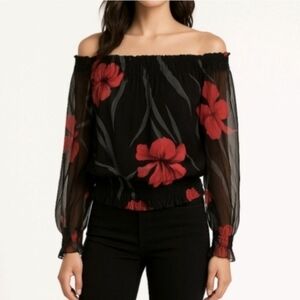 Spencer Jeremy Blouse Silk Black Floral Off Shoulder Long Sheer Sleeve Size 8